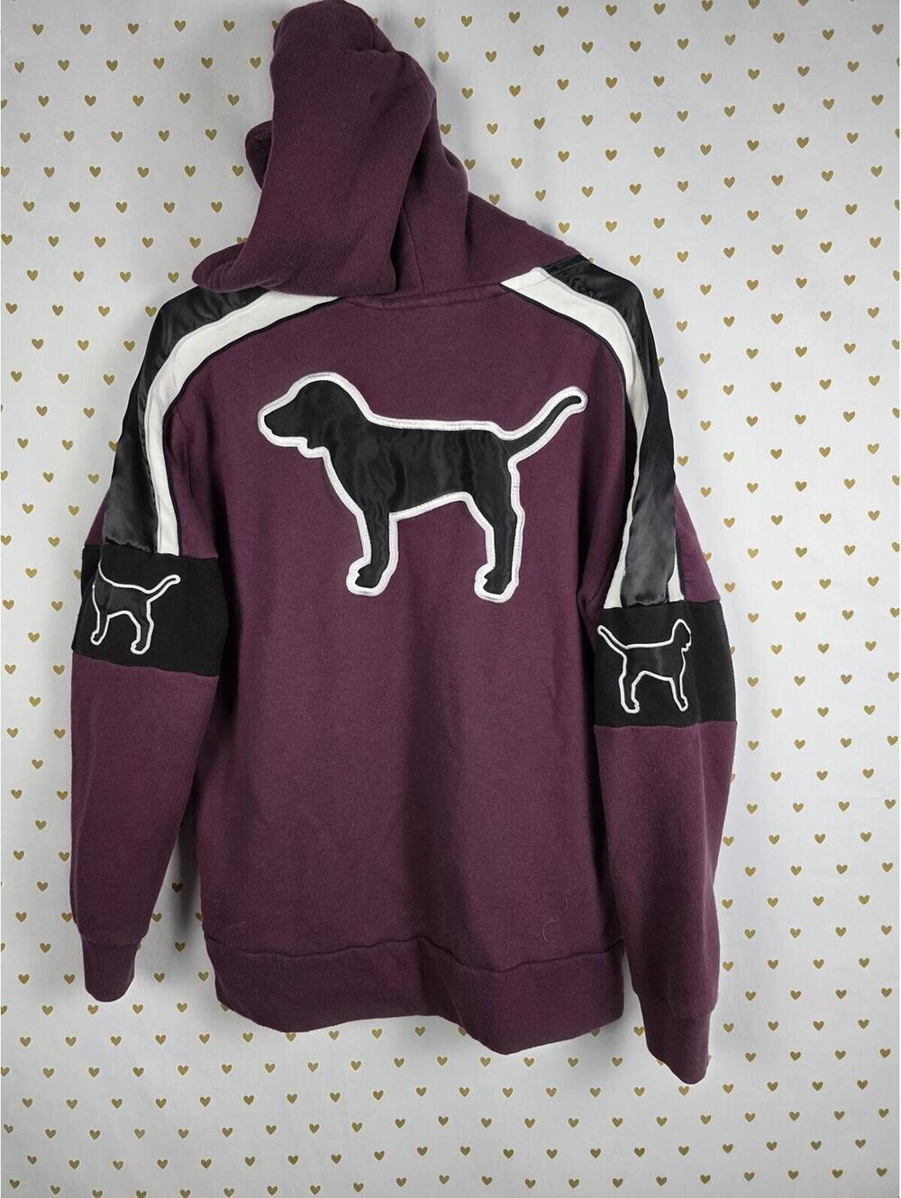 Victorias Secret Pink Maroon Sherpa Lined DOG LOGO Embroidered Hoodie Sweater SM